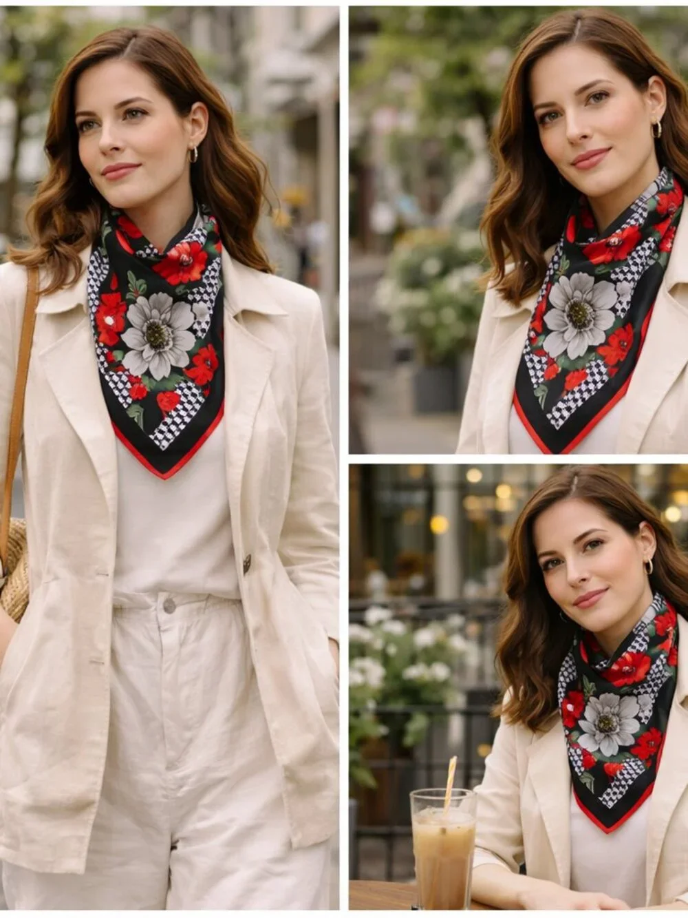 Vintage Floral Silk Scarf  Black Red Gray Classic European Chic Statement Piece